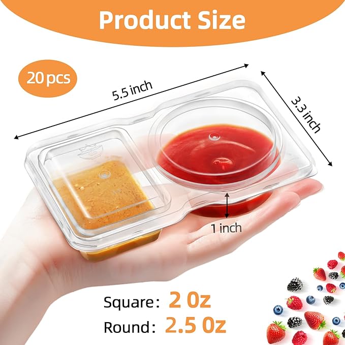 20 Pack 2 Compartment Snack Containers with Lids – Leak-Proof, Reusable Plastic Snack Packs for Adults, Divided Small Snack Containers for Lunch, Meal Prep, Dips, Salads