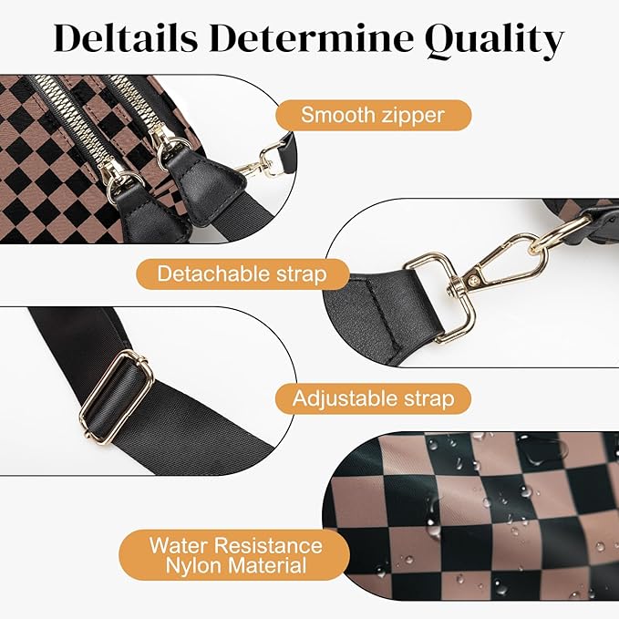 Spacious Nylon Checkered Crossbody Bum Bag for Women, Fashion Checkerboard Fanny Pack Purse with Anti-theft Pocket, Adjustable Wider Strap Wasit Bag (Black-Brown)