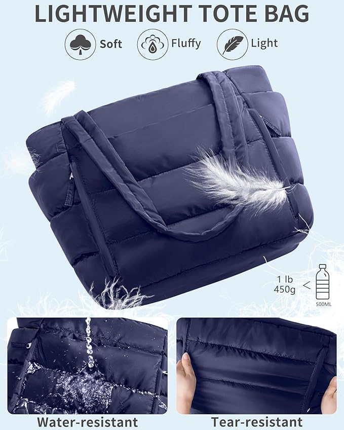 Bagstellar Puffer Tote Bag for Women, Lightweight Puffy Work Handbag Teacher Nurse Quilted Shoulder Bag for School Travel Gym | Cloud Bag w/ Zipper