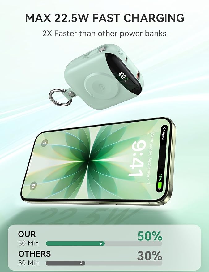 citicr Portable Charger, 10000mAh 22.5W Fast Charging Power Bank with Built-in Cables, Travel Battery Pack with LED Display for iPhone, Portable iWatch Charger for 11/10/9/8/7/6/5/4/SE/Ultra Green