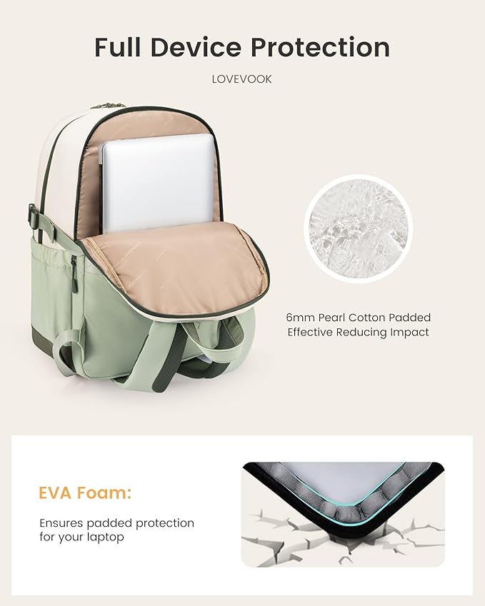 LOVEVOOK Laptop Backpack for Women with Giant Tumbler Holder,17.3 Inch Laptop Computer Bag Travel Backpack Purse,Waterproof Work Business Backpack College Bookbag Teacher Bags,Beige-Mint Green