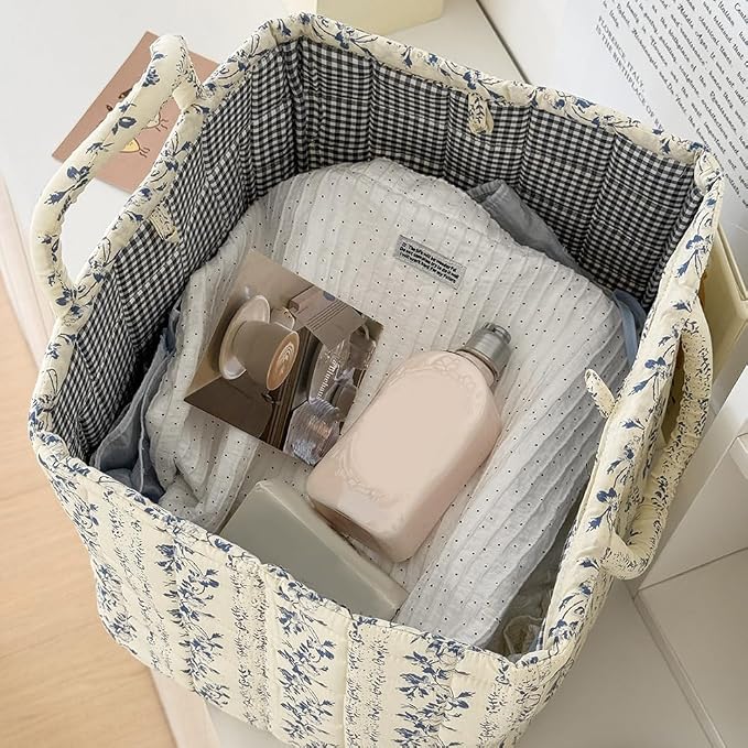 Floral Fabric Storage Basket Car Interior Storage Basket Underwear Sundries Laundry Baskets Supplies Home Organizer Bag (Vine Blue)