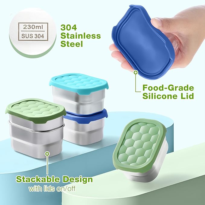 Gencywe 3 Pack Stainless Steel Snack Containers for Kids, 8 oz Easy Open Leak Proof Small Toddler Snack Containers with Silicone Lids, Stackable Metal Lunch Box for Daycare and School (Blue)