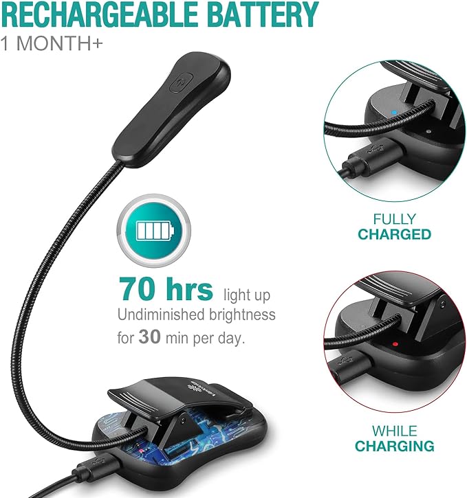Vekkia/LuminoLite Rechargeable Book Light, Reading Lights for Books in Bed, 3 Colortemperature × 3 Brightness, Up to 70 Hours Lighting, Great for Readers, Travel (Black)