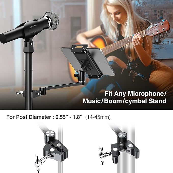 elitehood 12in Extra Long Arm iPad Mic Stand Mount, 360° Adjustable iPad Holder for Mic Stand, Tablet Holder for Microphone & Cymbal & Drum, Tablet Music Mount Fit 4.7-13in Devices