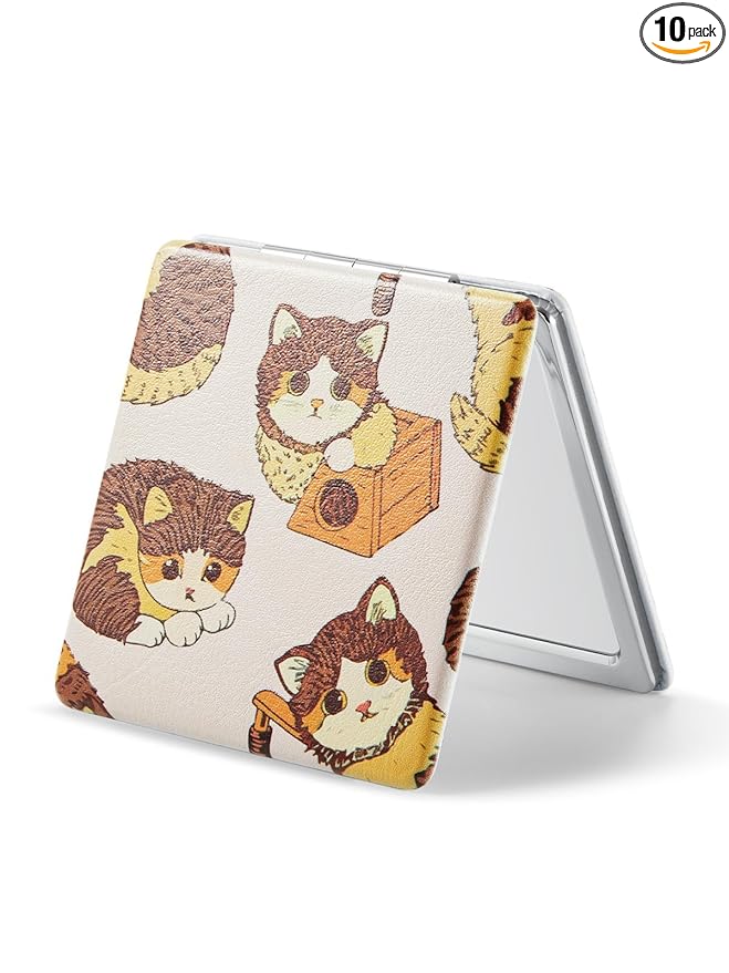 OMIRO 1X/3X Magnifying Mirror, Unique Painting Compact Mirror with Classical PU Leather (Ginger Cat)