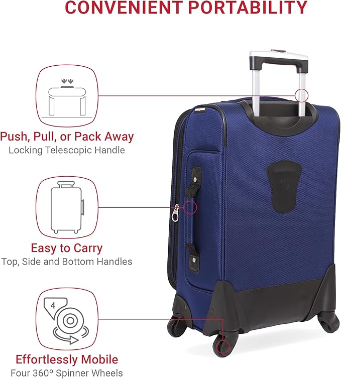 SWISSGEAR Sion Softside Expandable Spinner Luggage Durable Lightweight Travel Suitcase, Blue, Carry-On