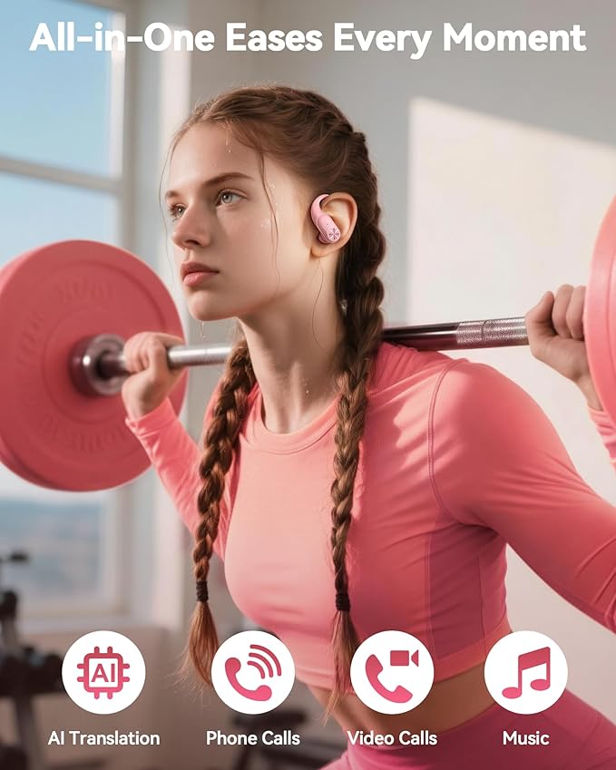 PocBuds Bluetooth Headphones Wireless Earbuds 80hrs Playtime Wireless Charging Case Digital Display Sports Ear Buds with Earhook Deep Bass IPX7 Waterproof Over-Ear Earphones for TV Phone Laptop Pink