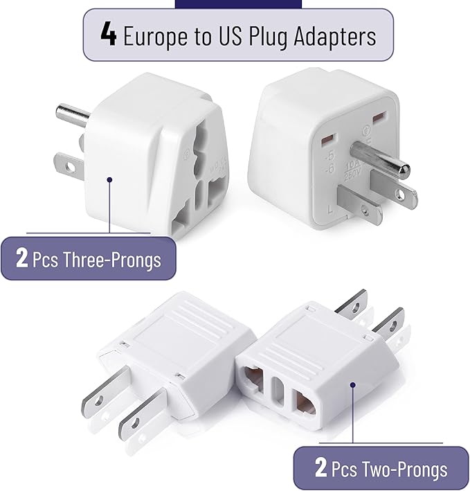 Bates- Europe to US Plug Adapter, 4 Pack, European to US Plug Adapter