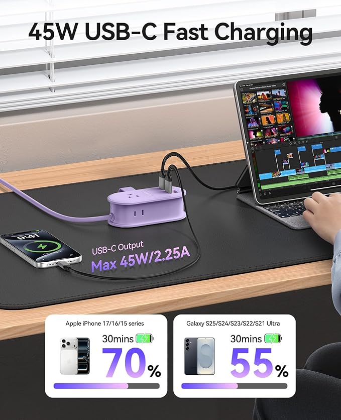ORICO 45W Power Strip for iPhone 17 and Galaxy S25, 7 in 1 Charging Station with 3AC, 2 USB-A, 2 USB-C, 4ft Thin Extension Cord, Flat Plug Fashion Essential for Cruise Ship/Travel/Home/Dorm- TK45
