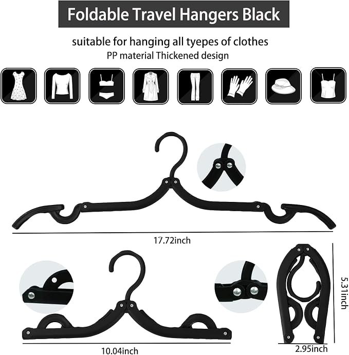 12PCS Travel Folding Hangers Portable Clothes Hangers Multifunctional Foldable Hanger(Black)