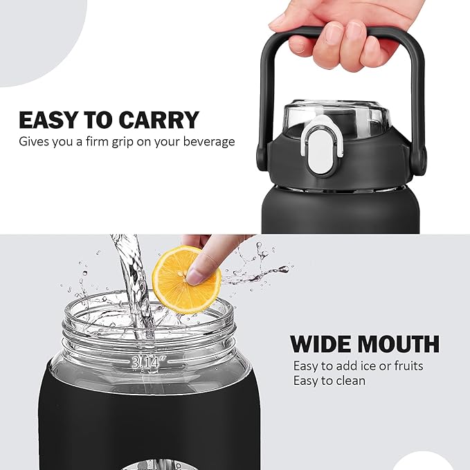 64oz Glass Water Bottles with Straw, Half Gallon Motivational Glass Bottle with Silicone Sleeve and Time Marker, 2L Leakproof Large Glass Water Jug for Gym Home Office,Black