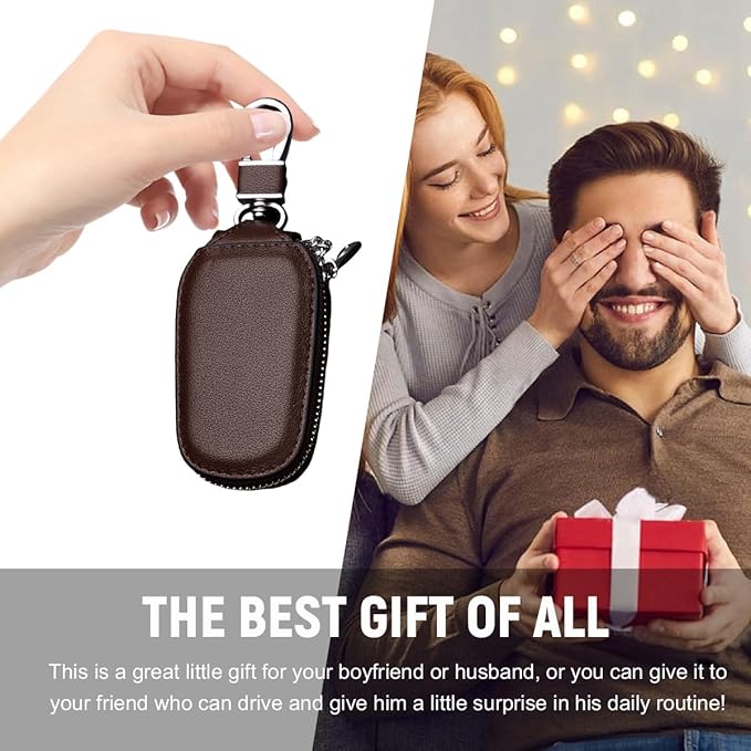 Yourkar Car Key Case, Genuine Leather Auto Fob Storage Bag, Chain Holder Ring Zipper Bag, Car Accessories (Coffee)