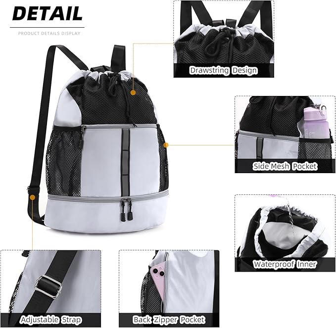 Valleycomfy Drawstring Gym Bag Sports Backpack With Shoe Compartment and Reflective Strips White