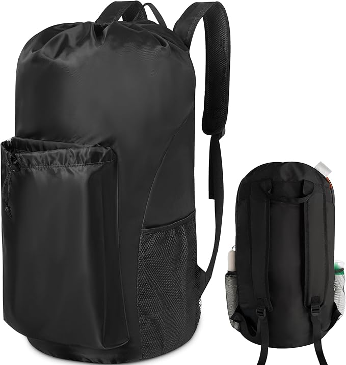 Polecasa Extra Heavy-Duty Backpack Laundry Bag 13.5x29- Large Drawstring bag with Comfortable Padded Shoulder Straps & 4 Pockets & ID Tag for Dorm, College, Travel, Black