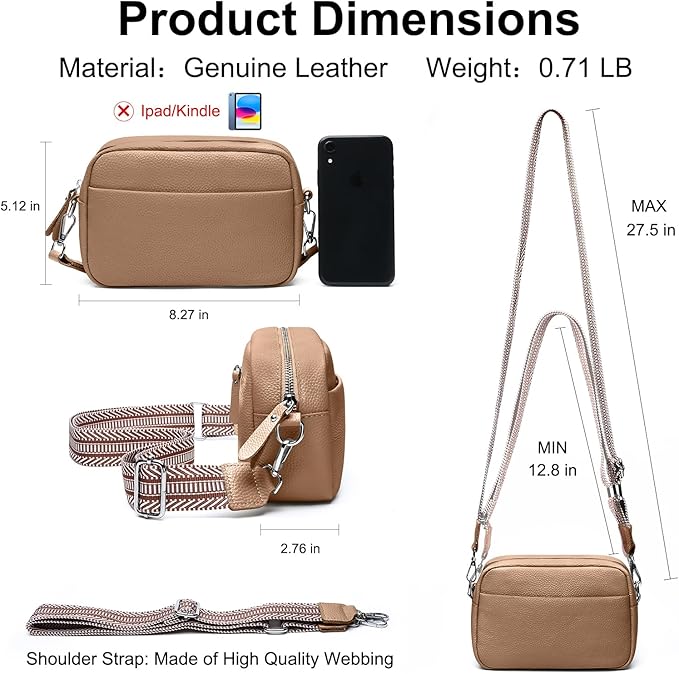 Small Crossbody Bags for Women Genuine Leather, Guitar Strap Shoulder Handbag Purse Camera Bag with Rfid Card Slots, Nude