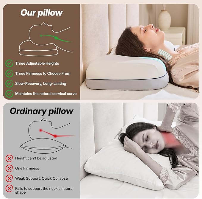 Cervical Neck Pillow for Neck Support, Adjustable Memory Foam Pillow with Customizable Height and Firmness for Side, Back, Stomach and CombSination Sleepers, White 1 pcs