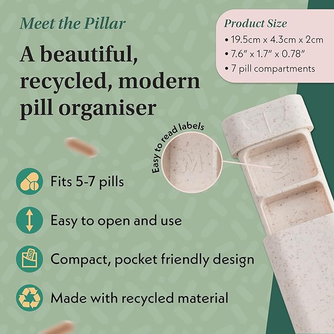 Pillar - 7-Day Pill Organizer | Weekly Medicine Pill Container Travel Box - Aesthetic Medication Holder - Stylish Travel Pill Case - Cute Small Medication Organizer 7 Day for Women (Off White)