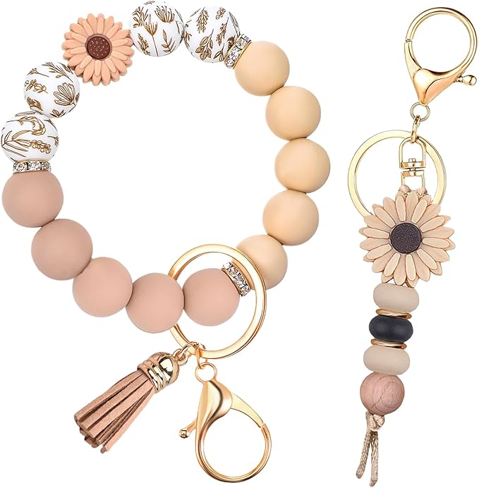 2PCS Bracelet Key Ring Set, Cute Car Key chain Wristlet, Silicone Beaded Bangle keyChains for Women Girls
