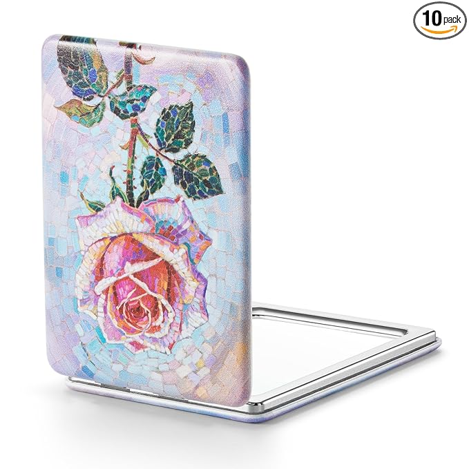 OMIRO 1X/3X Magnifying Mirror, Unique Painting Compact Mirror with Classical PU Leather, 2.4" W x 3.4" L (Pink Rose)