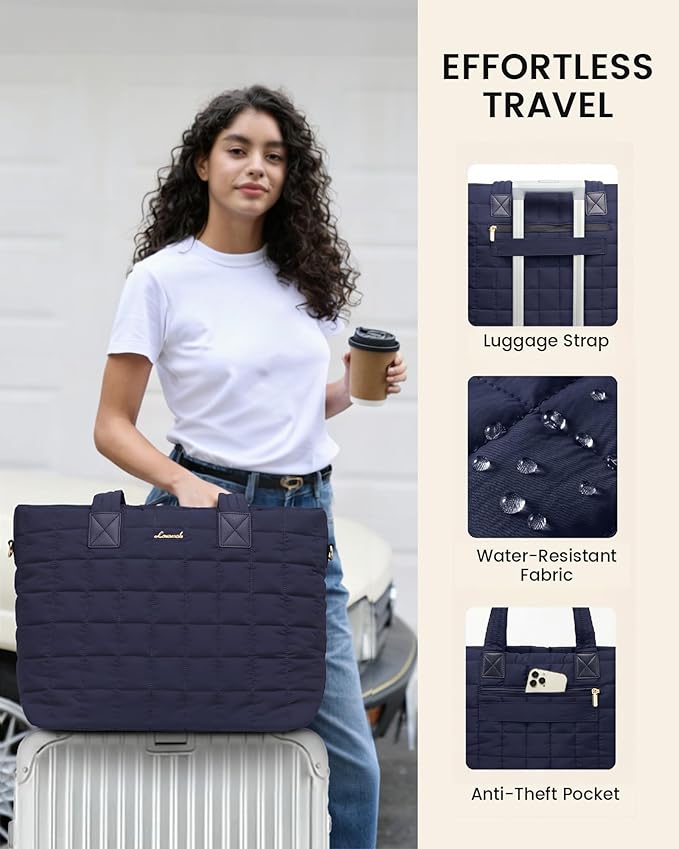 LOVEVOOK Laptop Tote Bag for Women, 15.6 Inch Large Puffer Work Computer Tote Bags for Teacher Nurse, Quilted Women's Purse Tote Shoulder Handbags with Zipper for Travel College Office, Light Purple