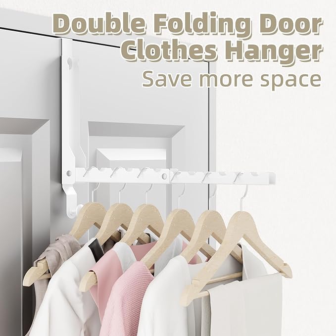 Over the Door Hanger Folding Clothes Drying Rack with 1 Hooks, Double Fold Hanging Door Hooks Coat Rack for Laundry Room, Compact Space Saving Foldable Portable Door Hooks Collapsible (2Pack,White)