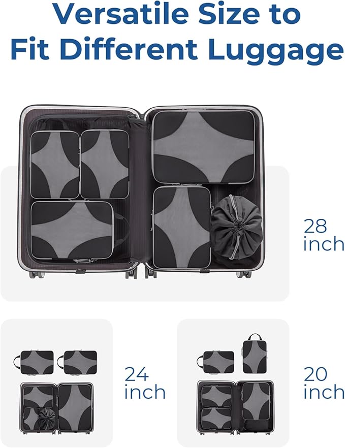 BAGSMART Compression Packing Cubes for Travel, 6 Set/14 Set Compressible Luggage Organizer for Cruise Ship, Lightweight Travel Essentials (1L+2M+2S+Shoe bag+Drawstring bag+Toiletry bag+6Plastic bags)