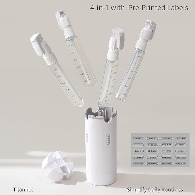 4-in-1 Travel Bottles for Toiletries, Portable Leakproof Pump Dispenser with Foldable Locking Pump, TSA Compliant Refillable Travel Containers for Shampoo, Conditioner, Lotion & Skincare(White)