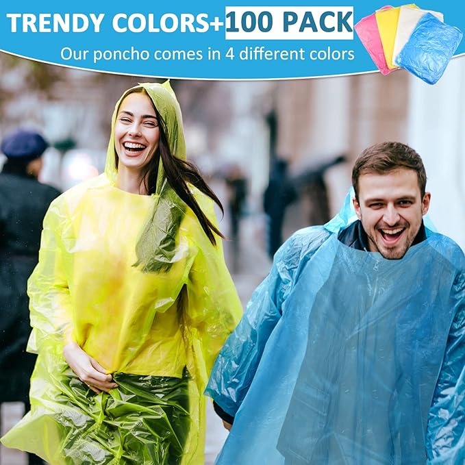 Foaincore 100 Packs Disposable Rain Ponchos Adults Emergency Waterproof Rain Coat with Hood Disposable Ponchos Raincoat for Camping, Hiking, Sport or Outdoors