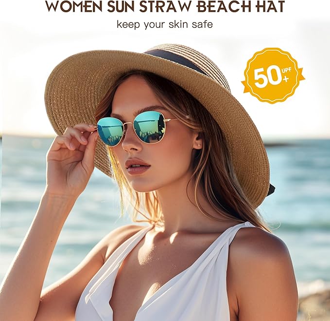 Beach Hat for Women, Wide Brim Sun Straw Hats for Women, Sun Hat Womens UPF 50+ UV Protection, Floppy Foldable Summer Hats
