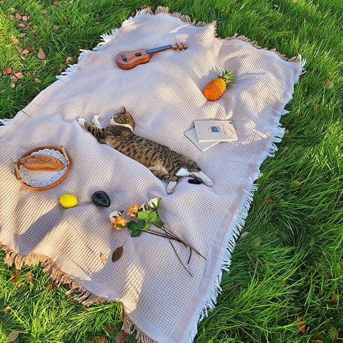 70"x 70" Picnic Blanket Extra Large,Layer Outdoor Blanket for 5 to 7 Adults,Camping Grass Lawn Park Accessories Cute Couple Gifts Ideas Wedding Registry for Park, Beach (Khaki)