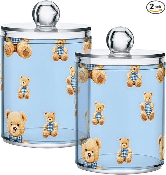 2 Pack Qtip Holder Organizer Dispenser Cute Bears Bathroom Storage Canister Cotton Ball Holder Container for Cotton Pads/Swabs/Floss