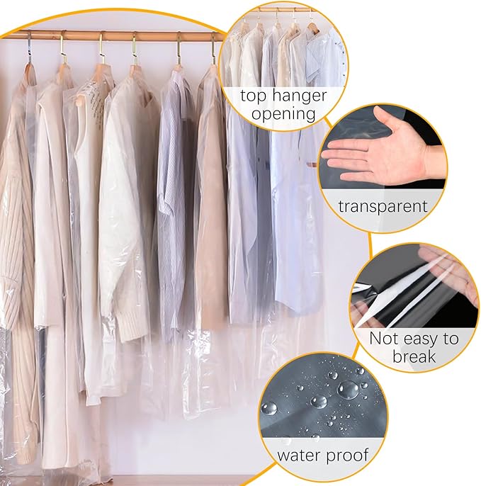 MIDELONG 10Pcs (24 x 36 In) Clear Plastic Clothes Covers, Dry Cleaners Bags Hanging Dust-proof Clothing Protector Covers Garment Bags for Home Storage Clothing Stores Dry Cleaning