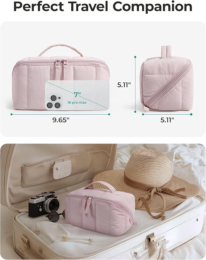 BAGSMART Travel Makeup Bag for Women, Portable Water-resistant Cosmetic Case, Puffy Padded Make Up Organizer Pouch, Open Flat Toiletry Bag for Toiletries, Brushes, Checkred Khaki