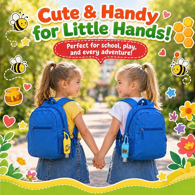 5-Pack Cartoon Kids Hand Sanitizer Holder, 30ml Travel Size Refillable Bottles with Silicone Case, Leak-Proof Portable Containers for Lotion & Liquid Soap (Buzzy Bee)