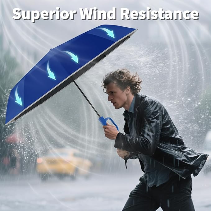 Seniny Travel Umbrella with Carabiner Handle, Windproof Large Umbrellas for Rain with Dual-Rib Structure, Portable Compact Umbrella with Reflective Strip, Car Backpack UV Umbrellas for Sun Protection