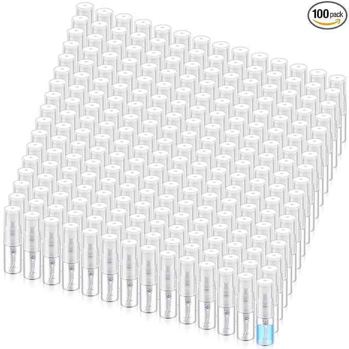 Zhehao 100 Pcs Mini Spray Bottles 2 ml Clear Glass Perfume Bottles Refillable Fine Mist Perfume Atomizer Portable Empty Sample Containers for Cleaning, Essential Oils, Travel (Clear Cap)