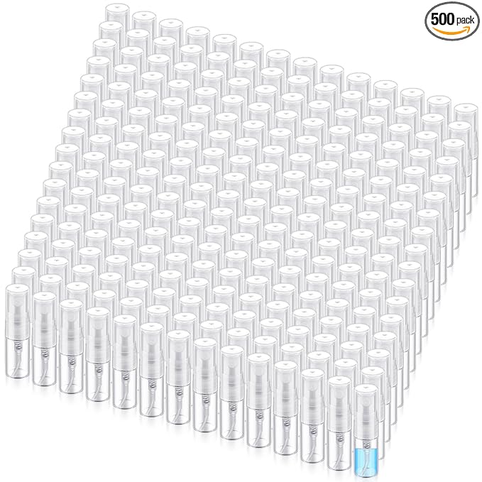 Zhehao 500 Pcs Mini Spray Bottles 2 ml Clear Glass Perfume Bottles Refillable Fine Mist Perfume Atomizer Portable Empty Sample Containers for Cleaning, Essential Oils, Travel (Clear Cap)