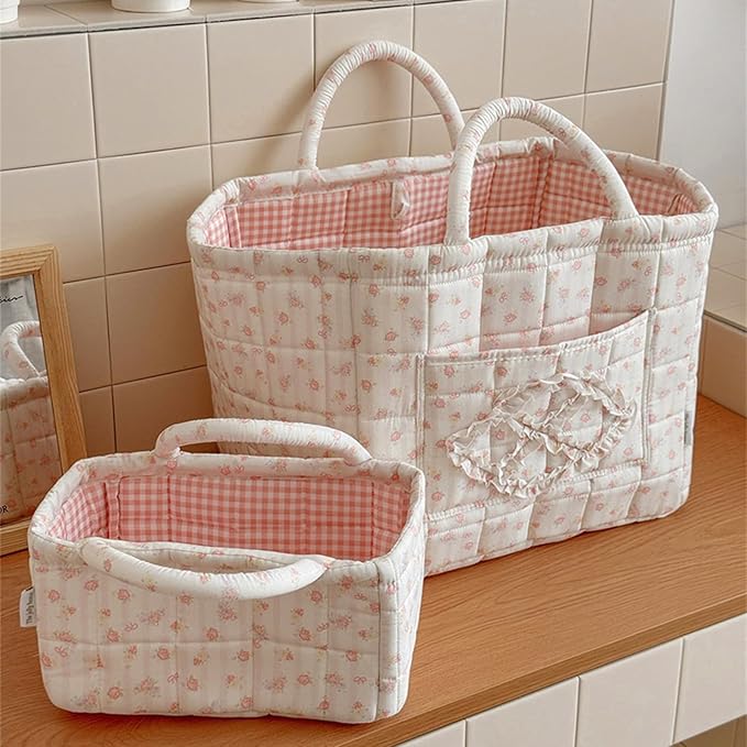Floral Fabric Storage Basket Car Interior Storage Basket Underwear Sundries Laundry Baskets Supplies Home Organizer Bag (pink+white bow)
