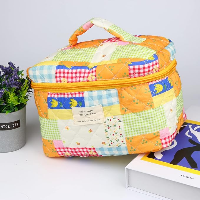 VIWIME Makeup Cosmetic Bag, Large Cotton Quilted Travel Coquette Aesthetic Cute Floral Make up Bag for Women Toiletry Bag Organizer (108- Puzzle / 2Pcs)