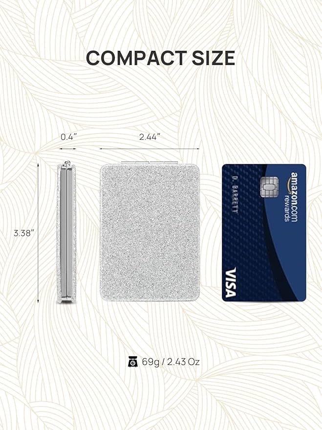 OMIRO Compact Mirror, Glitter PU Leather 1X/3X Magnification, Ultra Portable for Purses, 2.4" W x 3.4" L (Silver)