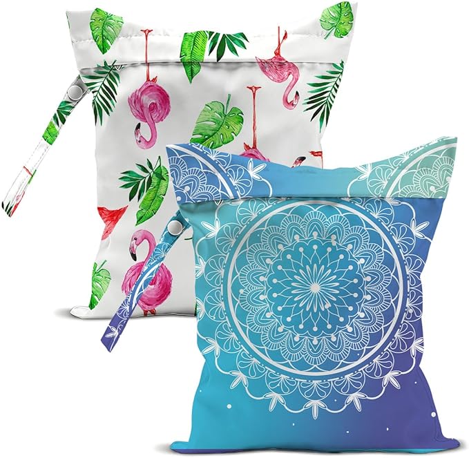 2PCS Reusable Waterproof Wet Bags, Flamingo & Tropical Plant Printed Wet Dry Bag, Leakproof Organizer for Travel Diaper Swim Items