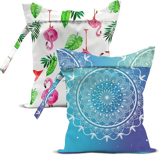 2PCS Reusable Waterproof Wet Bags, Flamingo & Tropical Plant Printed Wet Dry Bag, Leakproof Organizer for Travel Diaper Swim Items