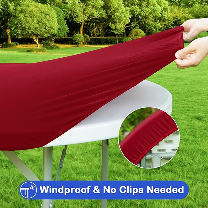 Wolkemer 2 Pack 5 Foot Burgundy Fitted Tablecloth 60 Inch Round Elastic Edges Table Cloth, Spandex Stretch Table Cover with Machine Washable Fabric for Wedding Party Picnic Dining Indoor Outdoor