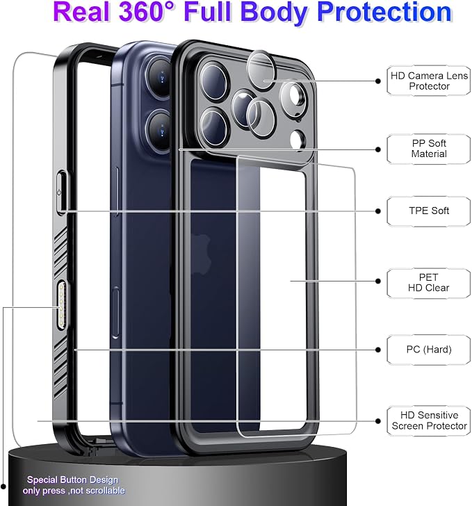 Compatible with iPhone 17 Pro Case,Waterproof Built-in Screen & Camera Protector IP68 Underwater Full Body 17FT Military Dropproof Shockproof Phone Case 6.3"-Black/Clear