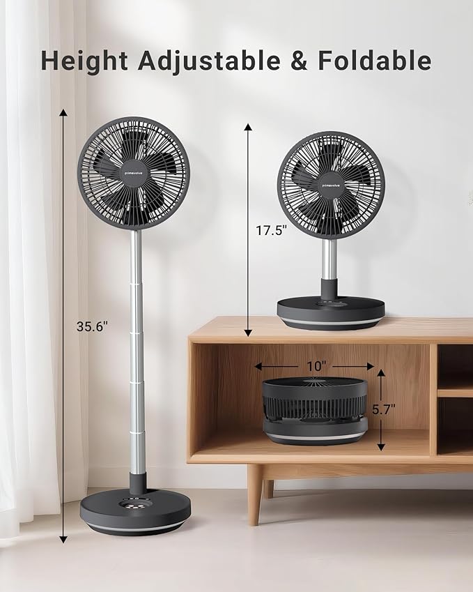 Primevolve 10000mAh Rechargeable Portable Oscillating Fan, 10" Battery Operated Pedestal Fan for Bedroom, Remote, 8 Speeds, Timer & LED Light, Adjustable Height, Outdoor Travel Camping (Dark Gray)