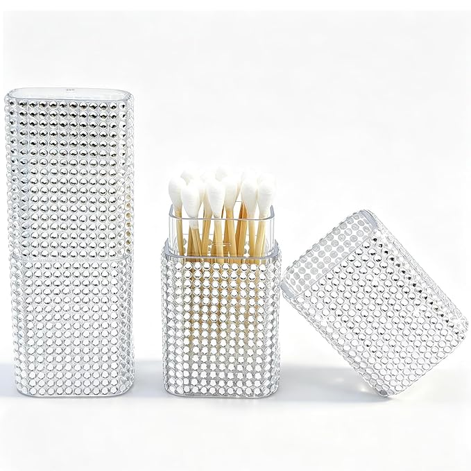Cotton Swab Holder for Travel, 2 Pcs Portable Small Dental Floss Holder Sparkling Rhinestone Cotton Pad Holder, Travel Floss Picks Case with Dustproof Lid for Cotton Bud Floss, White