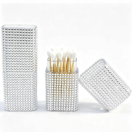 Cotton Swab Holder for Travel, 2 Pcs Portable Small Dental Floss Holder Sparkling Rhinestone Cotton Pad Holder, Travel Floss Picks Case with Dustproof Lid for Cotton Bud Floss, White
