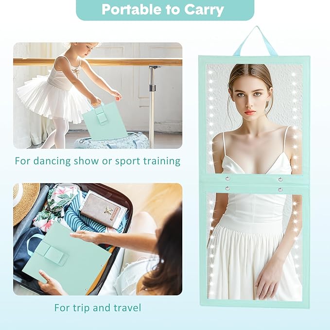 Fabuday Lighted Hanging Mirror for Dance Backstage - Rechargeable Folding LED Full Length Mirror with Lights for Dancers, Portable Foldable Travel Body Mirrors, Brightness Adjustable, Cyan