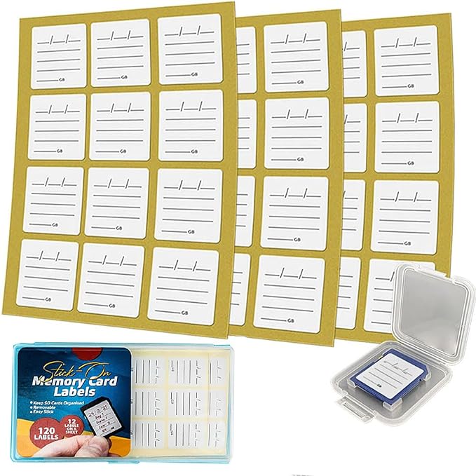 (120 Count) SD Card Labels Flash Drive Labels Stickers with 6 Free SD Card Cases & Container Multi-use Writable & Removable Stick-On Camera Memory Card Labels